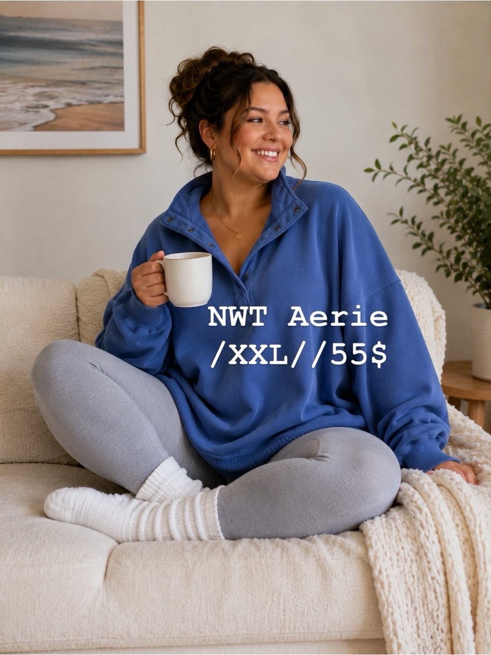 Aerie Oh Snap! Oversized Fleece Pullover XXL NWT Blue Soft Cozy Girl